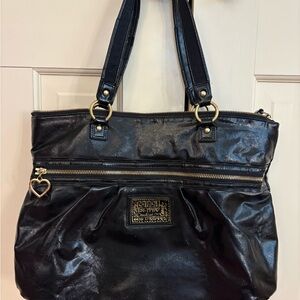Coach Black Leather Shoulder Bag with Gold Accents